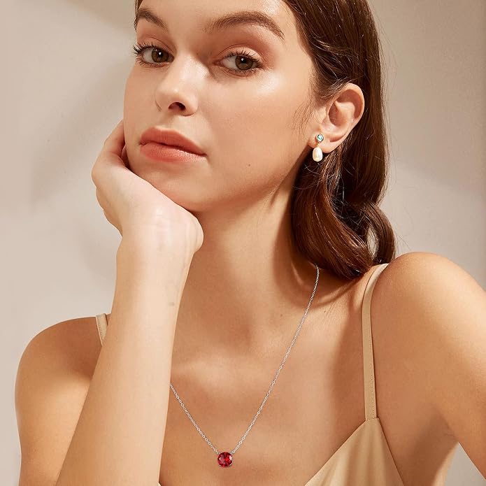 Ursilver Round Birthstone Necklace and Birthstone Earrings for Women sets - S925 Sterling Silver 12 Months Birthstone Necklace for Women Girls Jewelry Birthday Gifts