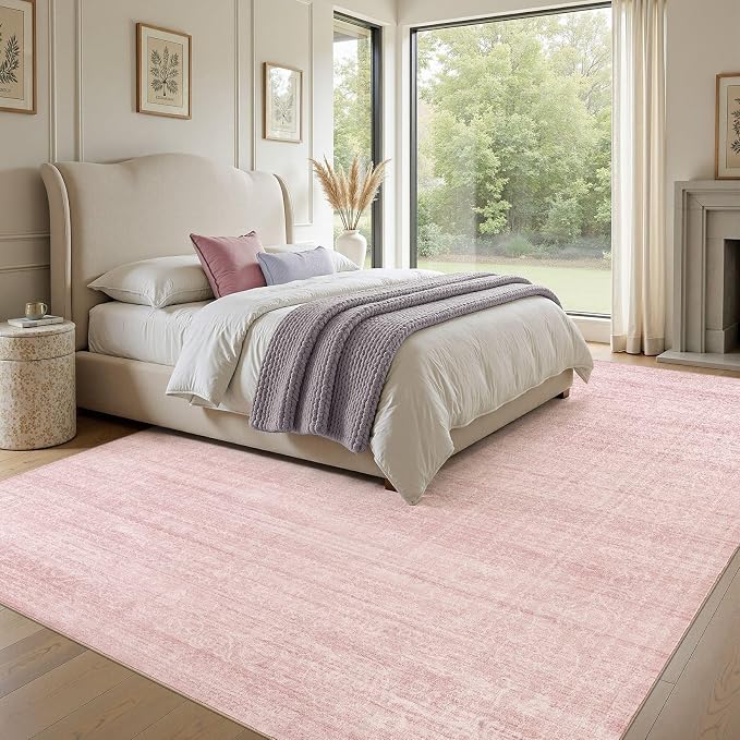 Nakagishi 10X14 Area Rugs Living Room: Washable Large Vintage Rug Neutral Non-Slip Soft Stain Resistant Indoor Carpet for Bedroom Nursery Dining Room Office Playroom - Pink