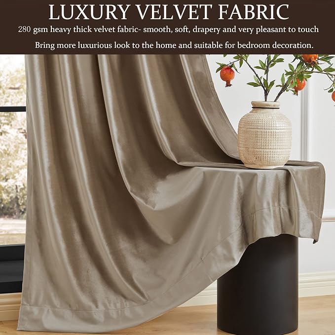 Blackout Taupe Polyester Velvet Curtains 84 inch Long for Living Room,Set of 2 Panels Liner Rod Pocket Back Tab Thermal Window Curtain Drapes Room Darkening Heavy Decorative Curtains for Bedroom