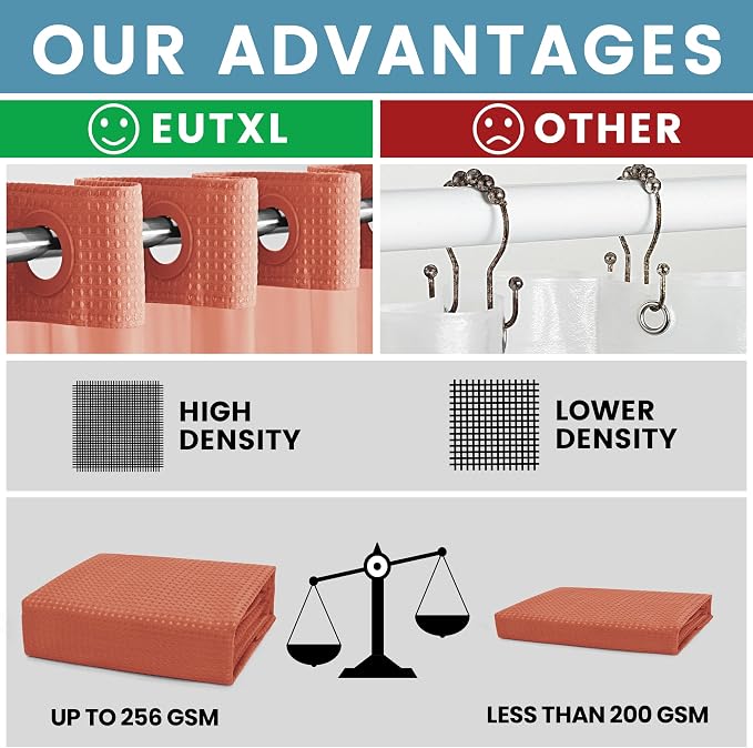 EUTXL 256GSM Heavyweight Hotel Shower Curtain with Detachable Liner - Waffle Textured,Hotel Grade,Spa Like Bath Curtain,71W x 74H,Coral