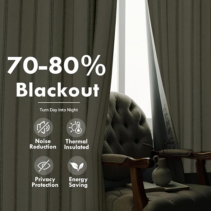 DriftAway Farmhouse Stripe Blackout Curtains, W52xL96, Loden Green | Blackout, Linen Texture, Stripe Pattern, Rod Pocket & Back Tab, Two Layers, Bedroom Living Room Use, Sound Reducing Design
