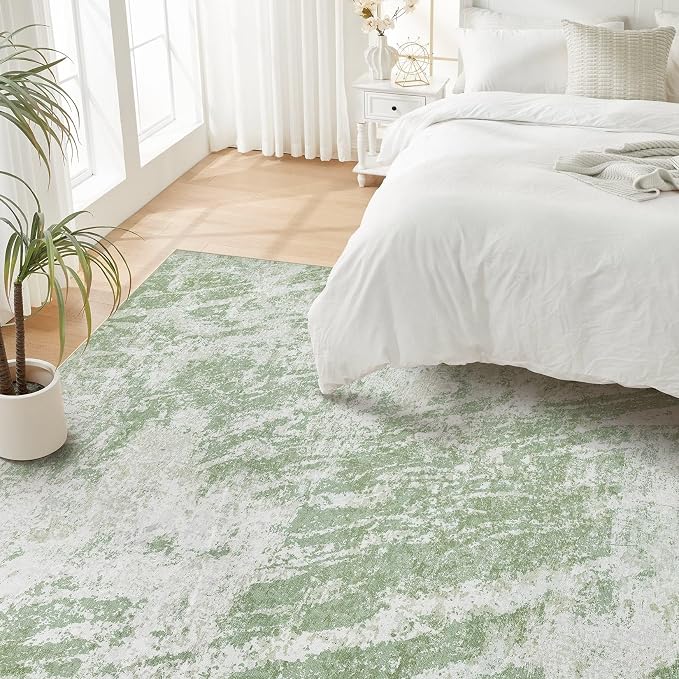 DMOYEST 9x12 Washable Area Rug: Abstract Modern Non-Slip Carpet, Soft Low Pile Indoor Neutral Easy Clean Floor Rugs for Living Room Bedroom Dining Room Kids & Pets - Green