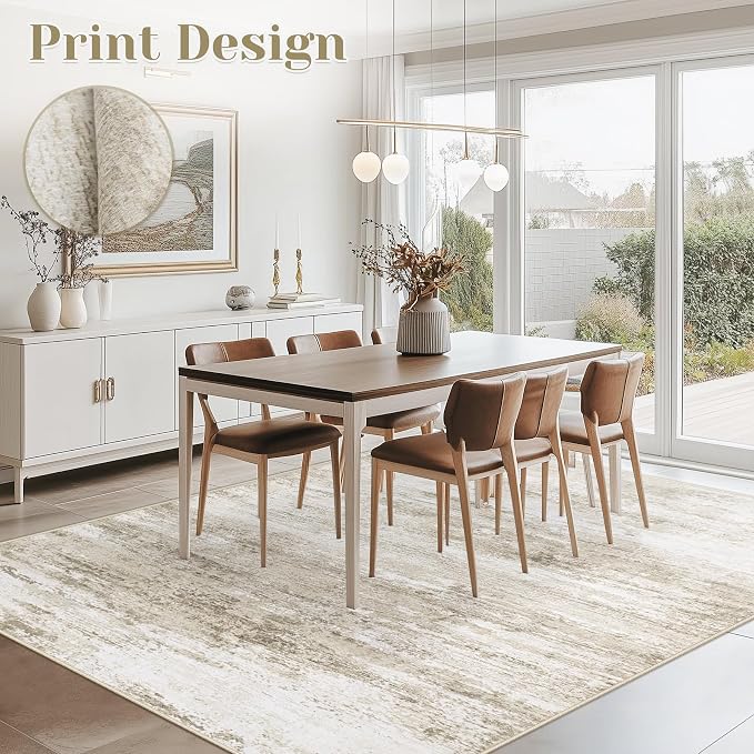 Washable Rug 6x9 Area Rugs for Living Room: Neutral Soft Rug Abstract Non Slip Low Pile Modern Carpet for Bedroom Kitchen Nursery Office Dining Room Indoor (Beige, 6'x9')