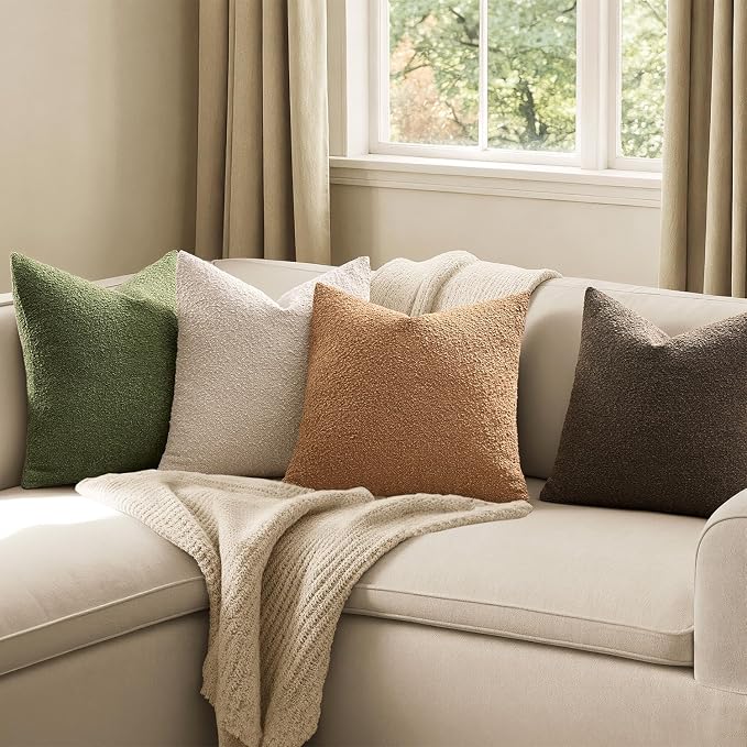 MIULEE Decorative Boucle Throw Pillow Covers 20x20 Green Brown Set of 4 | Textured Accent Pillow Cases Soft Couch Cushion Covers for Modern Farmhouse Boho Sofa Bed Livingroom Home Decor