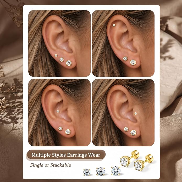 3 Pairs Moissanite Earrings, Flat Back Stud Earrings for Women Men, D Color VVS1 Hypoallergenic 925 Sterling Silver Post, Cartilage Helix Piercing Jewelry Set
