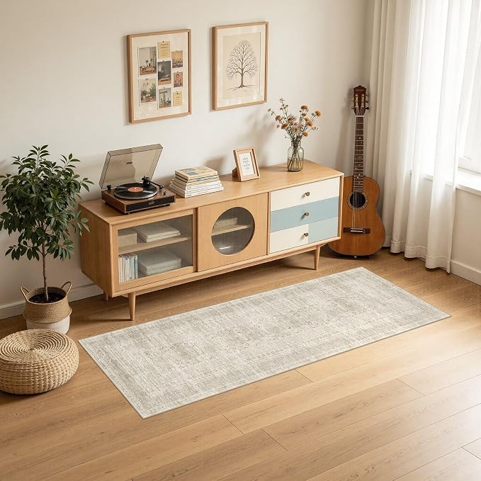 Nakagishi Washable Runner Rug 2x6: Vintage Neutral Non-Slip Entryway Rug for Hallway & Kitchen, Soft Low Pile Floor Carpet for Bedroom - Beige Gray