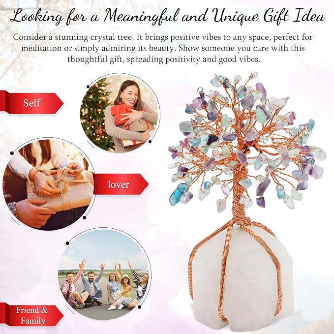 Crocon Fluorite Crystal Tree of Life - Natural Quartz Stone Base, Gemstone for Positive Energy, Feng Shui Decor - Chakra, Copper Wire Money Bonsai, Healing Stones, Luck Gem - Spiritual Gift