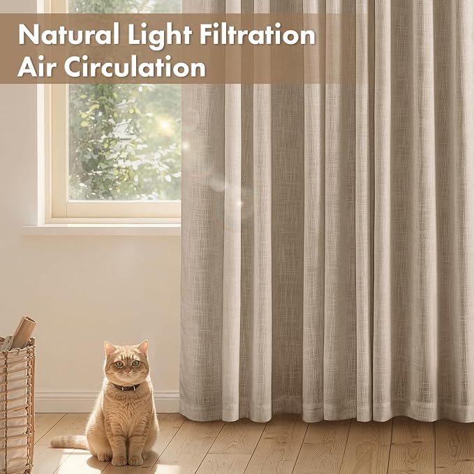 MIULEE Thick Linen Curtains, 42Wx108L, Taupe Semi Sheer Linen Textured | Light Filtering Window Privacy Drapes with Back Tab Rod Pocket for Farmhouse/Living Room/Bedroom, Set of 2