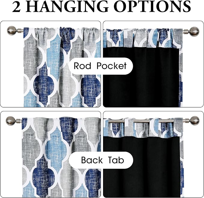 Beauoop Moroccan 100% Blackout Curtains Bedroom Blue Grey 50x96 2 Panels | Geometric Room Darkening Drapes for Living Room 96 Inch Long Thermal Insulated Soundproof Lattice Window Treatment Rod Pocket