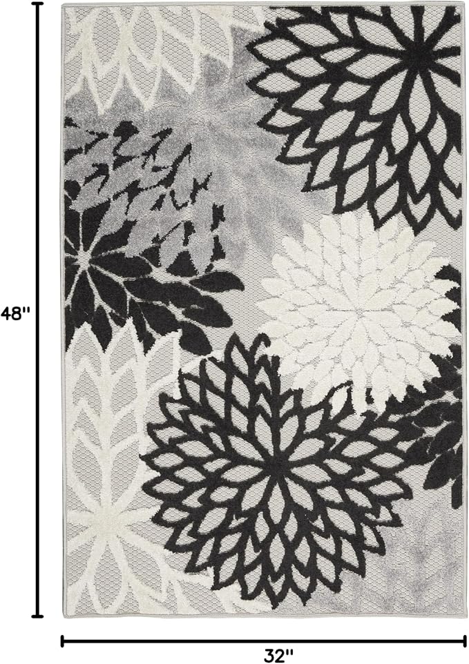 Nourison Home Aloha Indoor/Outdoor Black White 2'8" x 4' Area Rug, Tropical, Botanical, Easy Cleaning, Non Shedding, Bed Room, Living Room, Dining Room, Deck, Backyard, Patio (3x4)