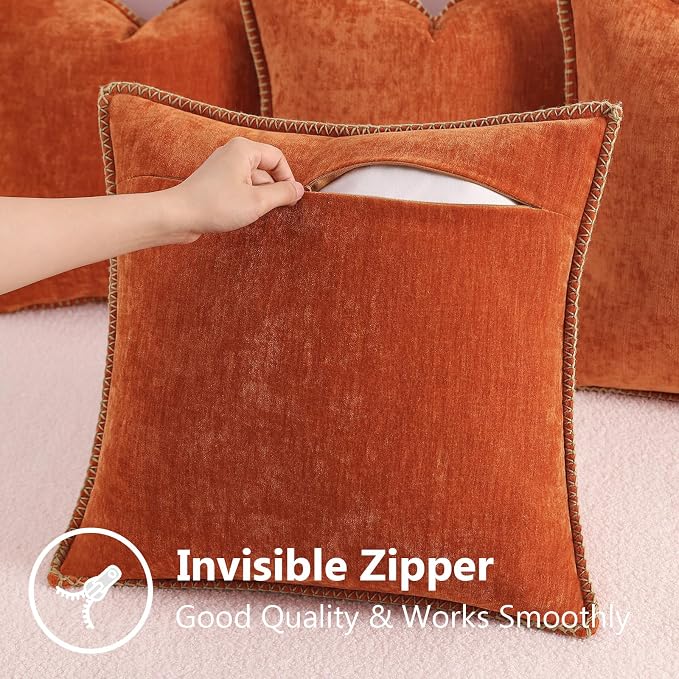 decorUhome Fall Soft Decorative Chenille Throw Pillow Covers 16x16 Set of 4 | Burnt Orange Decorative Modern Farmhouse Neutral Pillow Cases with Stitched Edge for Couch Sofa Bed Living Room Home Decor