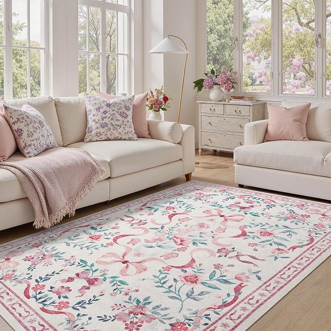 DCX Washable 4x6 Bow Rug, Pink Floral Rug for Girls’ Bedroom, Cute Soft Low Pile Indoor Décor Carpet, Kid & Pet Friendly Nursery Rug for Living Room, Dorm, Playroom