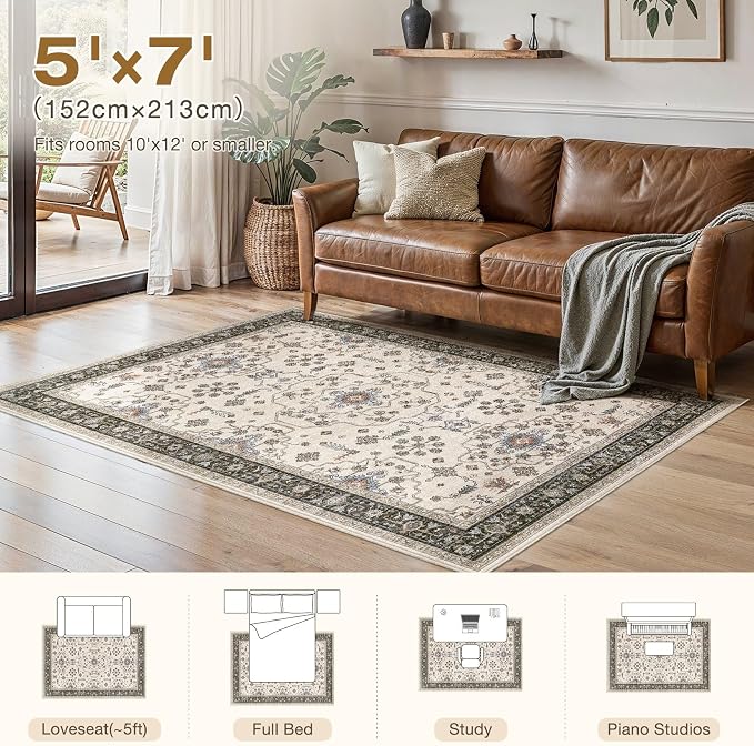 5x7 Area Rugs for Living Room - Large Carpet Ultra Thin Soft Washable Oriental Vintage Floral Distressed Big Indoor Carpets for Bedroom Nursery Dorm Home Decor Aesthetic - Brown Black