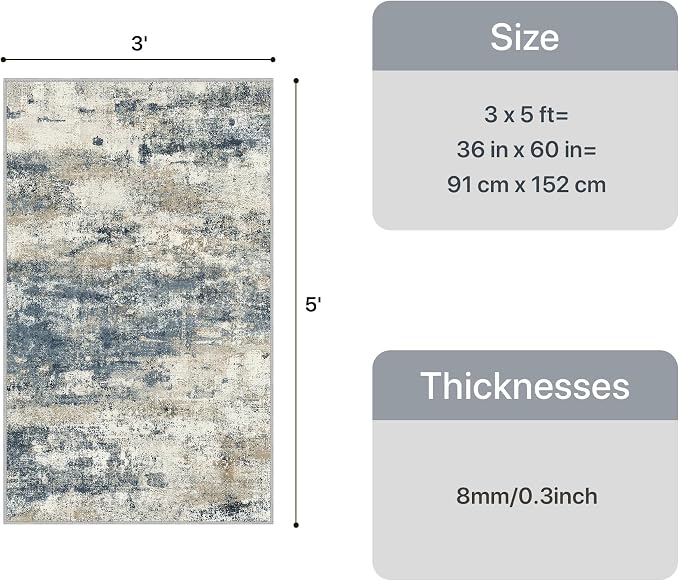 GENIMO 3x5 Rug for Entryway Washable Area Rug, Modern Abstract Small Throw Rugs for Entrance Living Room, Bedroom Beside, Non-Slip Low Pile Lightweight Soft Carpet, Navy Blue