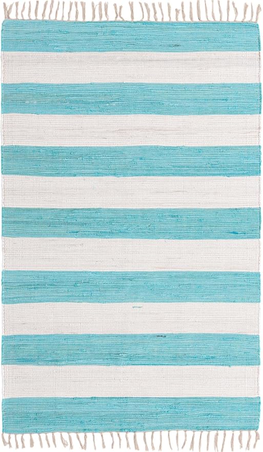 Unique Loom Chindi Rag Collection Area Rug - Striped (5' 1" x 8' Rectangle, Turquoise and Ivory)