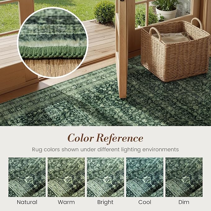 6x9 Area Rugs for Living Room Bedroom, Washable Large Rugs Non-Slip | Vintage Distressed Retro; Low Pile; Stain Resistant; Neutral Boho Carpet for Dining Room, Nursery, Home Office; Moss Green
