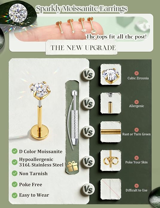 LOLIAS 4 Pairs Moissanite Flat Back Earrings Hypoallergenic-Threadless Push in Nose Rings Studs for Women Men 14K Gold Plated Surgical Steel Cartilage Helix Tragus Labret Piercing Jewelry Kit Taper Ball Grabber Tool 20G 18G 16G