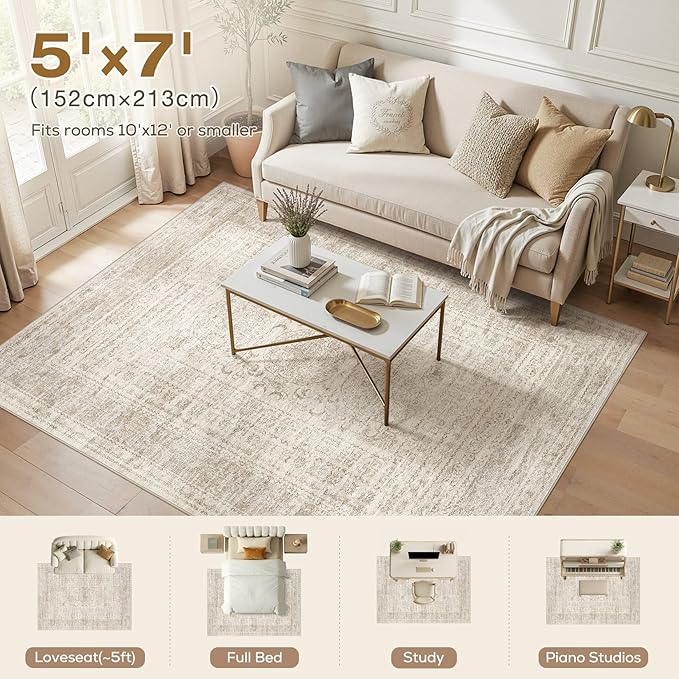 Nakagishi 5x7 Area Rugs Living Room: Washable Large Vintage Rug Neutral Non-Slip Soft Stain Resistant Indoor Carpet for Bedroom Nursery Dining Room Office Playroom - Beige Gray