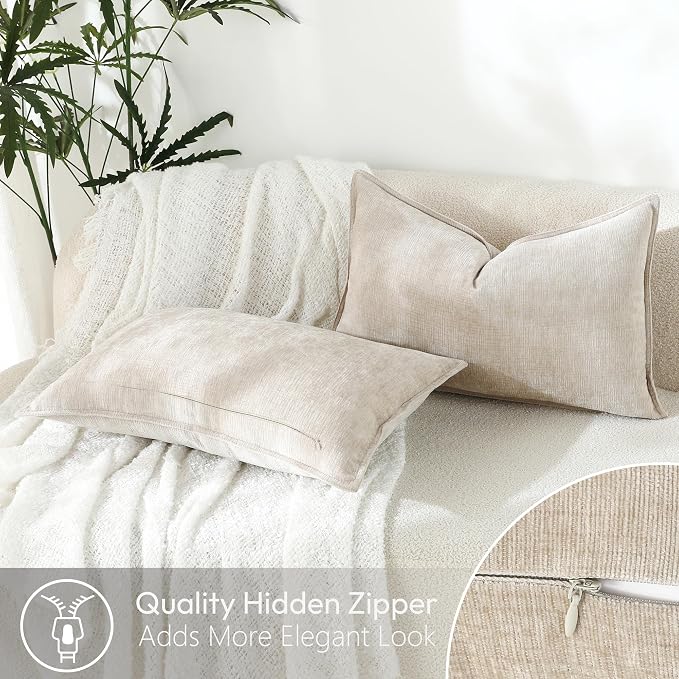 Stellhome Lumbar Chenille Throw Pillow Covers Set of 2 Super Soft Textured Decorative Pillow Covers Accent Solid Cushion Cover for Couch Sofa Bedroom Living Room 12x20 Inch, Light Tan