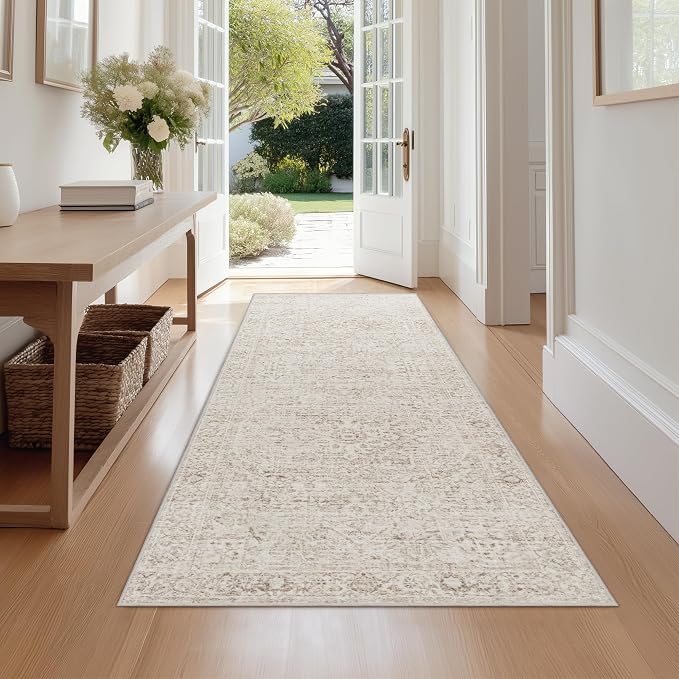 FMFUNCTEX 2x10 Runner Rug Beige Washable Vintage Neutral Oriental Distressed Non Slip Low Pile Indoor Carpet Retro Hallway Entryway Rug for Kitchen Living Room Bedroom Bathroom Laundry Entry Bedside