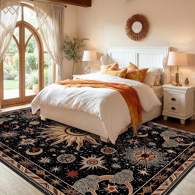 Vacuum-Friendly, 8x10 Washable Area Rug, Black Gold Beige Red | Sun and Moon Boho Gothic Non-Slip Low Pile Living Roon Bedroom Dining Room Kitchen Entry Entryway Entrance Hallway Doormat