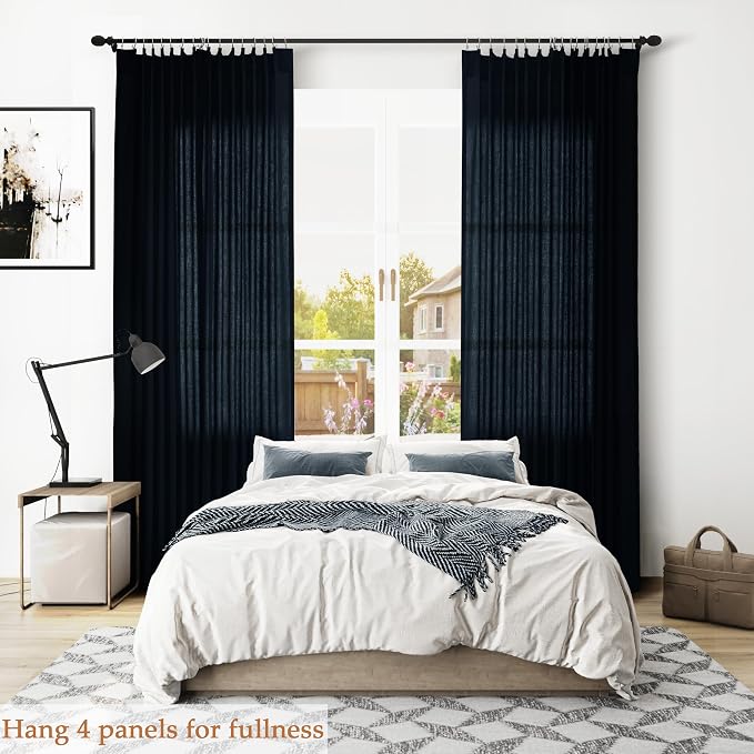 Aersas Navy Blue Pinch Pleated Linen Curtains 84 Inch Length 2 Panels for Living Room Bedroom Semi Sheer Window Curtain Boho Neutral Back Tab Pinch Pleat Drape with Hooks 84 Inches Long 40x84