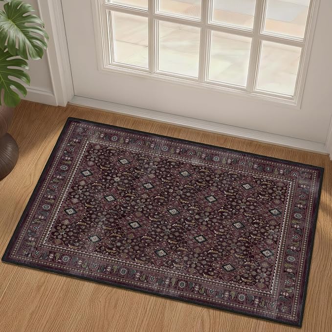 Fig 2x3 Kitchen Rugs Non Slip Washable, Luxurious Boho Vintage Floral Trellis Ultra Thin Door Mat Indoor Entrance, Earth-Toned Dark Academia Small Throw Rugs for Entryway Bathroom