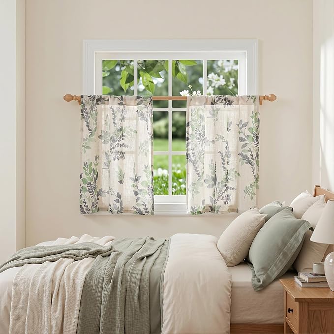 MYSKY HOME Linen Tier Patterned Curtains Over Sink 30 Inch Long Set of 2 Light Filtering Privacy Half Window Curtains with Rod Pocket for Kitchen, Cabinet, Basement, Camper, Green, 30" W Each Panel