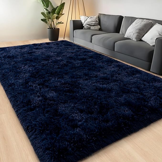 Large Area Rugs for Living Room Bedroom 9x12 Navy Blue Shag Rugs | Ultra Soft Fluffy Shaggy Plush Fuzzy Modern Indoor Throw Floor Carpet for Kids Girls Boys Dorm Nursery Home Decor Aesthetic
