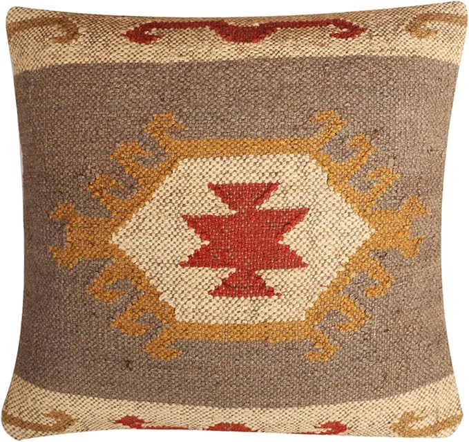 Set of 4 Geometric Wool Jute Square Throw Pillow Covers -Decorative 18 x 18 Inches Multicolour Cushion Covers Perfect for Sofa/Couch/Bed/Home/Outdoor/Car (Multicolour - 12)