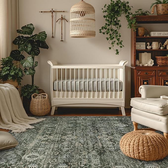 Lahome Margot Boho Green Area Rugs 9x12 Living Room,Washable Large Rugs for Bedroom Aesthetic,Vintage Distressed Non Slip Low Pile Dining Room Rug Carpet for Home Office Playroom(9'x12',Green)