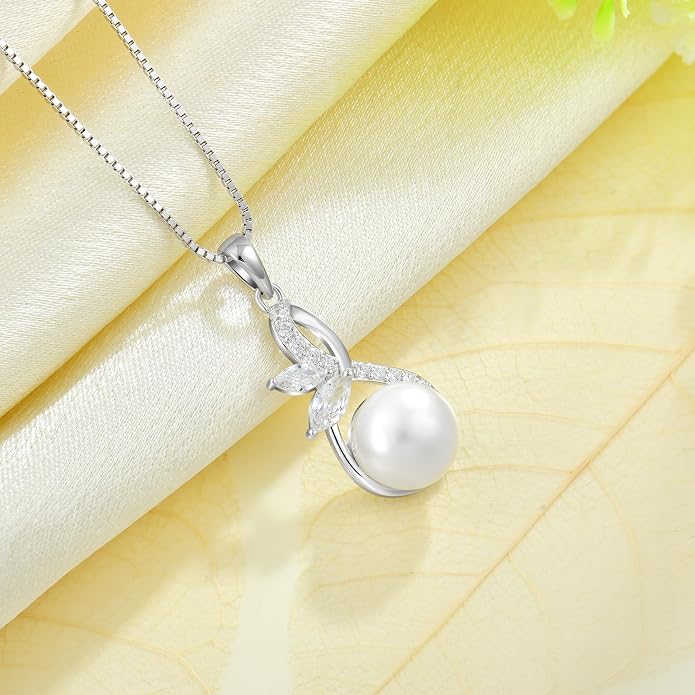 Pearl Necklace 925 Sterling Silver Infinity Butterfly Necklaces with 10mm Freshwater Cultured Pearls Jewelry Christmas Birthsday