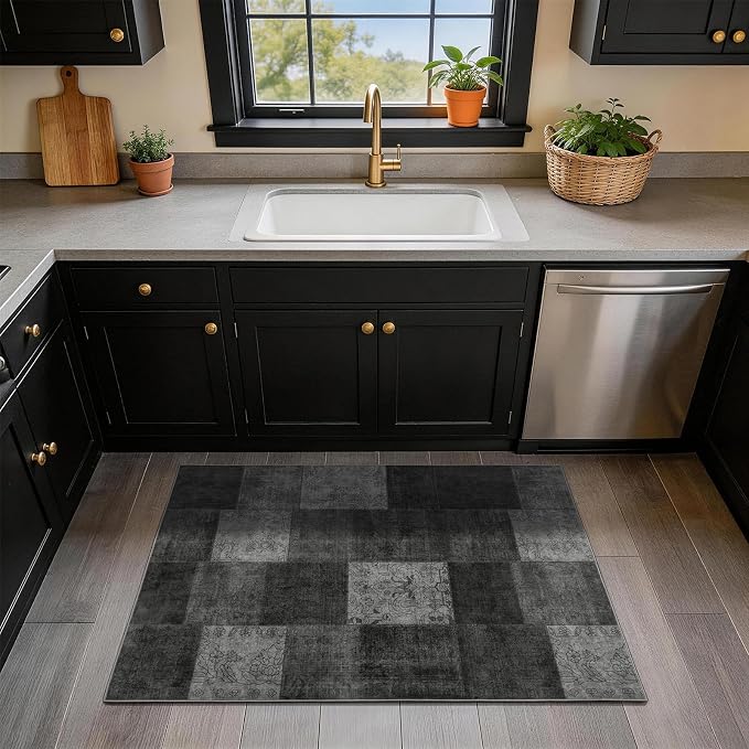 LIANLAM 2x3 Washable Entryway Rug,Non-Slip Indoor Door Mat with Vintage Boho Checkered Pattern, Stain & Water Resistant Faux Wool Low Pile for Front Door,Hall,Kitchen,Bathroom - Easy Clean(2x3,Black)