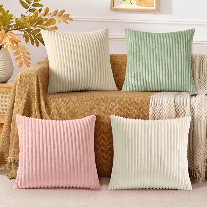 decorUhome Flannel Neutral White Throw Pillow Covers 20X20 Set of 4 | Decorative Fall Soft Fluffy Striped Double-Sided Couch Pillow Covers, Modern Farmhouse Pillow Cases for Sofa bed Home Decor