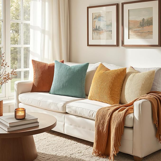 EMEMA Teal Orange Decorative Throw Pillow Covers for Couch Bed Livingroom 16x16 Inch Set of 4 Boho Farmhouse Corduroy Striped Square Pillow Case,Western Modern Cushion Covers Home Decor