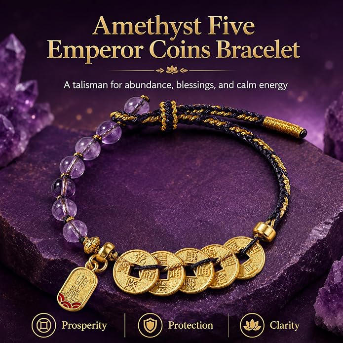 Feng Shui Bracelet with Five Emperor Coins, Beads Amulet for Wealth & Good Luck, Spiritual Protection Jewelry, Adjustable Ha