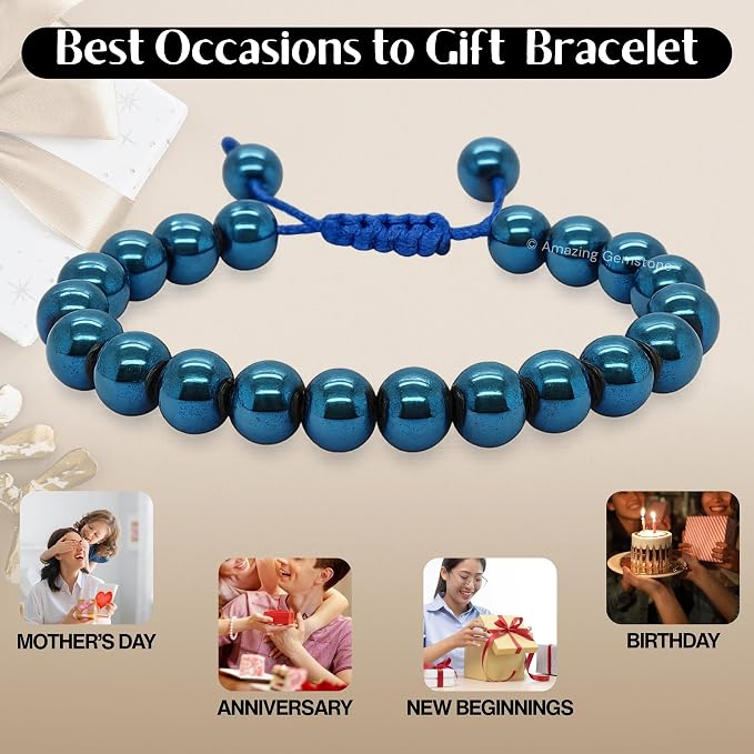 Amazing Gemstone Blue Hematite Bracelet for Women Men's Gifts - Protection Healing Crystal Bracelet - 8mm Gemstone Beaded Adjustable Bracelet Pulseras para Hombres Mujer Stocking Stuffers