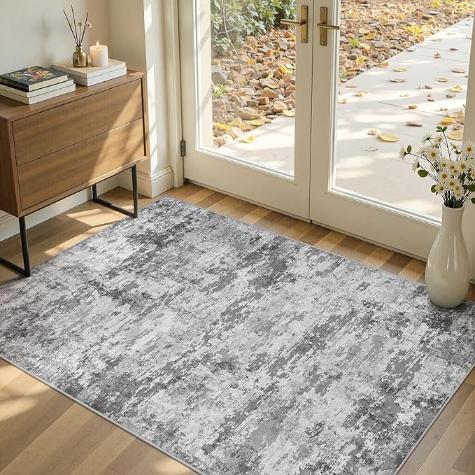 Neutral Washable Area Rug 3x5, Abstract Small Rugs for Entryway | Neutral Modern Non Slip Carpet, Stain Resistant and Joint-Friendly, Made for Bedroom, Kitchen, Indoor Front Door - Dark Gray