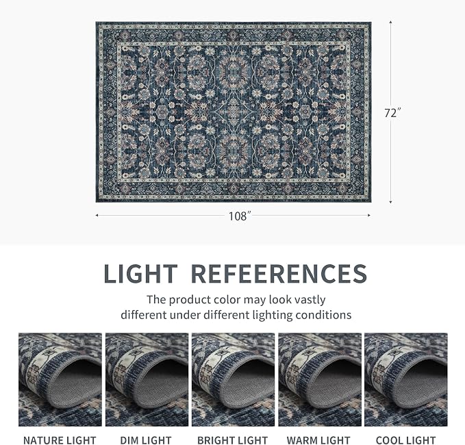 6x9 Vintage Washable Area Rug Blue | Living Room,Low Pile Non Slip Carpet Non-Shedding Soft Indoor Stain Resistant Rug Floral Print Mat for Bedroom Dining Room