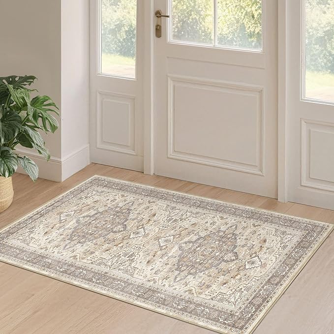 2x4 Rug Washable Runner Rug: Small Vintage Neutral Non-Slip Soft Accent Doormat Stain Resistant Floor Throw Mat for Entryway Kitchen Bedroom Nursery Entry Dorm- Brown