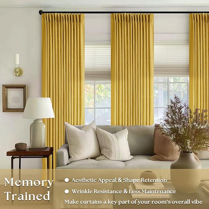 Mustard Yellow Pleated Semi Sheer Linen Curtains 96 Inches Long 2 Panel Set | 400GSM Fabric, Light Filtering, Pinch Pleat with Rings Hooks Drapes, Spring Farmhouse Rustic, for Bedroom Living Room