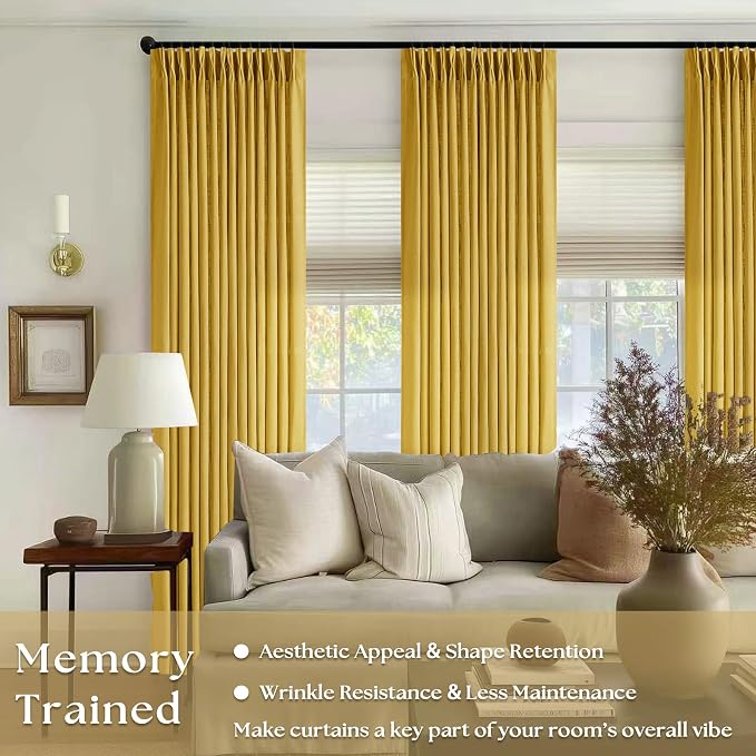 Mustard Yellow Pleated Semi Sheer Linen Curtains 108 Inches Long 2 Panel | for Living Room Bedroom Ceiling Floor, Light Filtering, Gold Yellow, 400GSM Linen Fabric, Pinch Pleat Memory Shape Trained