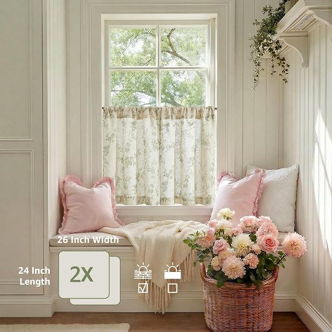 Lazzzy Elisa Floral Kitchen Curtains 24 Inch Linen Cafe Curtains Farmhouse Half Window Drapes Over Sink Light Filtering for Small Windows Rod Pocket Back Tab 2 Panels Green on Beige