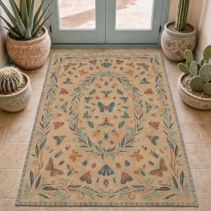 Boho Brown 3x5 Entryway Rugs Indoor - Farmhouse Kitchen Throw Area Rug, Insect Carpet for Bedroom, Mudroom, Laundry Room, Unique Home Décor, Low Pile & Soft Mat