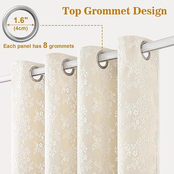 Yinhua Blackout Curtains for Bedroom Double Layer Beige Curtains for Living Room 63 Inch Length 2 Panels Set Kid Curtain with Floral Sheer Overlay, Grommet Drapes with Tiebacks, 52" W x 63" L