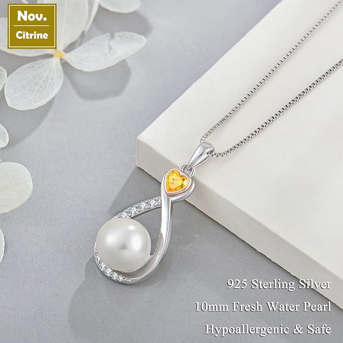 Heart Birthstone Pearl Pendant Necklace, 925 Sterling Silver Infinity Necklace with 10mm Freshwater Cultured Pearl & 4mm Gemstone Jewelry for Women