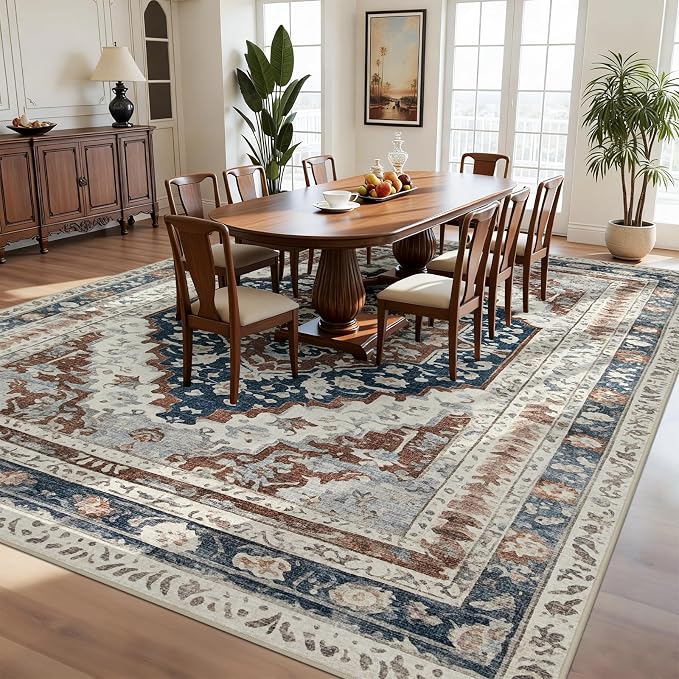 Joydeco 8x10 Area Rugs for Living Room, Non Slip Machine Washable Vintage Rug, Low Pile Chenille Print Rugs for Bedroom, Dining Room, Home Office, Pet & Child Friendly, Beige & Blue & Reddish-Brown