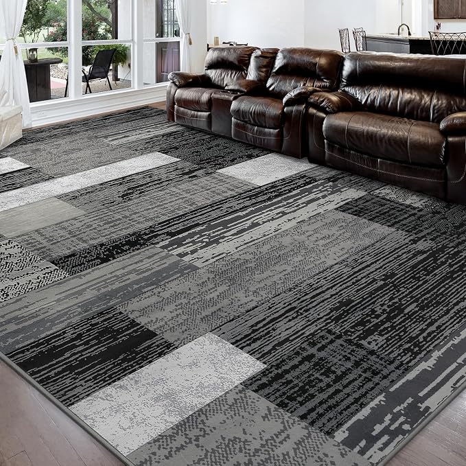 FlyDOIT Modern Geometric Patchwork Area Rug, 6x9 Grey Large Rugs for Living Room, Rockwood Collection Indoor Rugs for Bedroom, Throw Carpet Floor Decor for Entryway Dining Room Office Nursery
