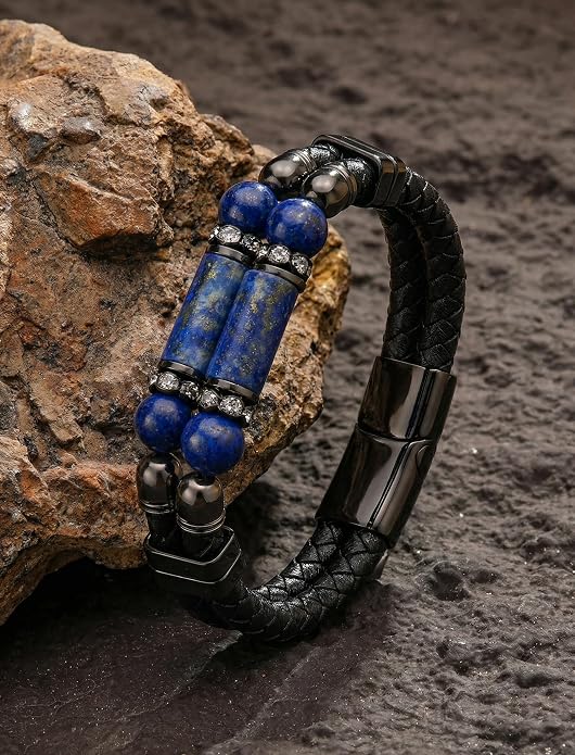 Mens Leather Turquoise/Tiger Eye/Obsidian/Lava Stone Bracelet–Braided Multi‑Layer Wristband Cuff Bangle Barcelet–Jewelry Box and Pouch Packing