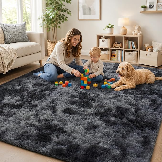 Area Rug for Living Room Bedroom: 4x6 Black Grey Soft Fluffy Shag Upgrade Non-Slip High Pile Carpet Large Fuzzy Plush Indoor Floor Decor Shaggy Rug for Kid Boys Girls Playroom Nursery Modern Home